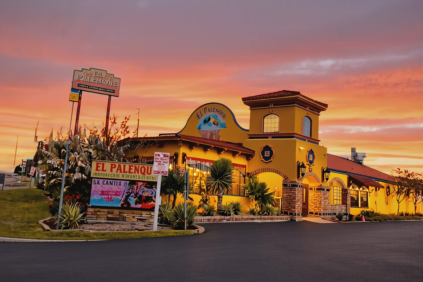 El Palenque in Spring at sunset, the yellow stucco building and roadside sign lit against an orange sky